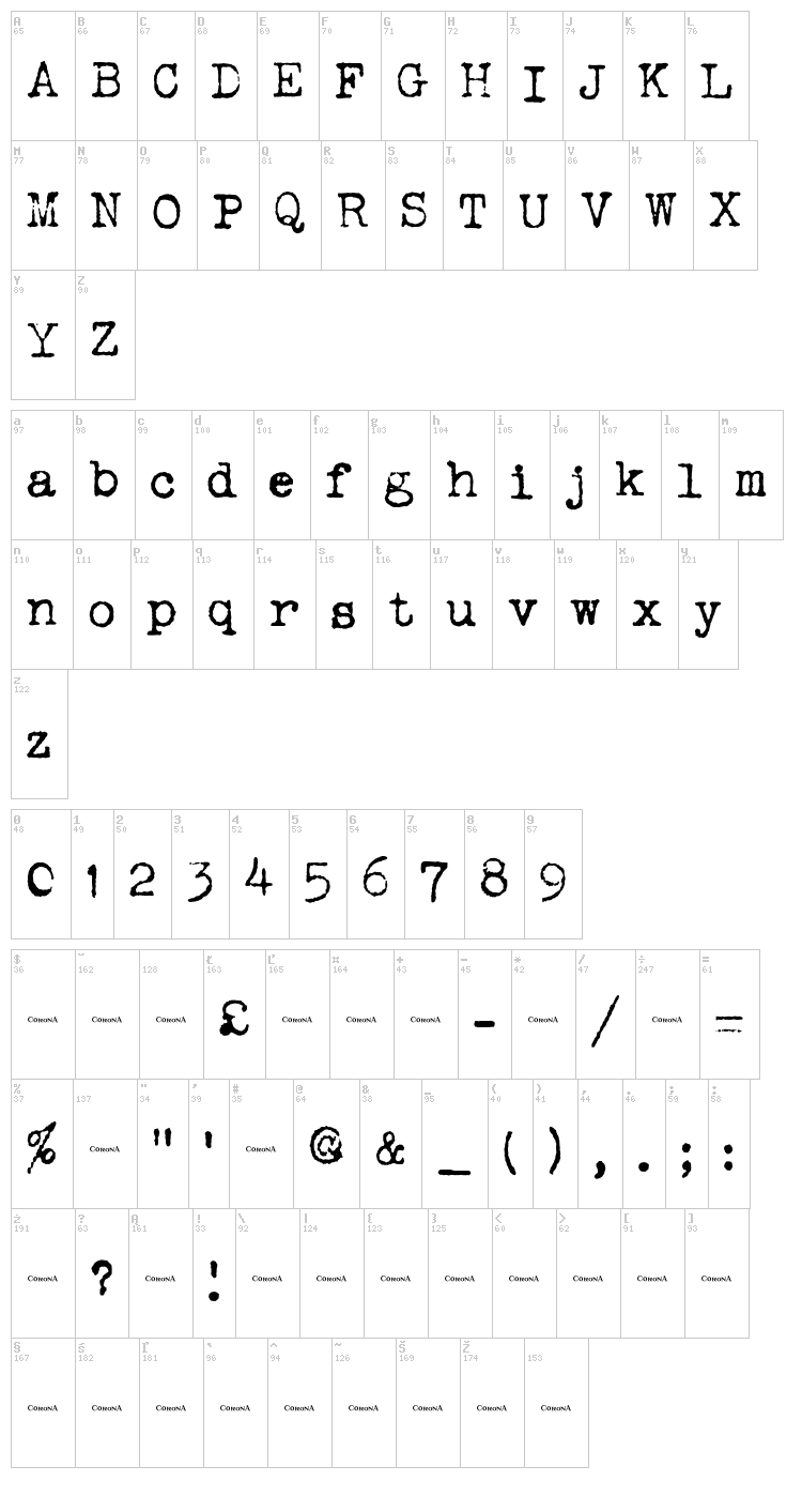 Corona 3 Typewriter font map